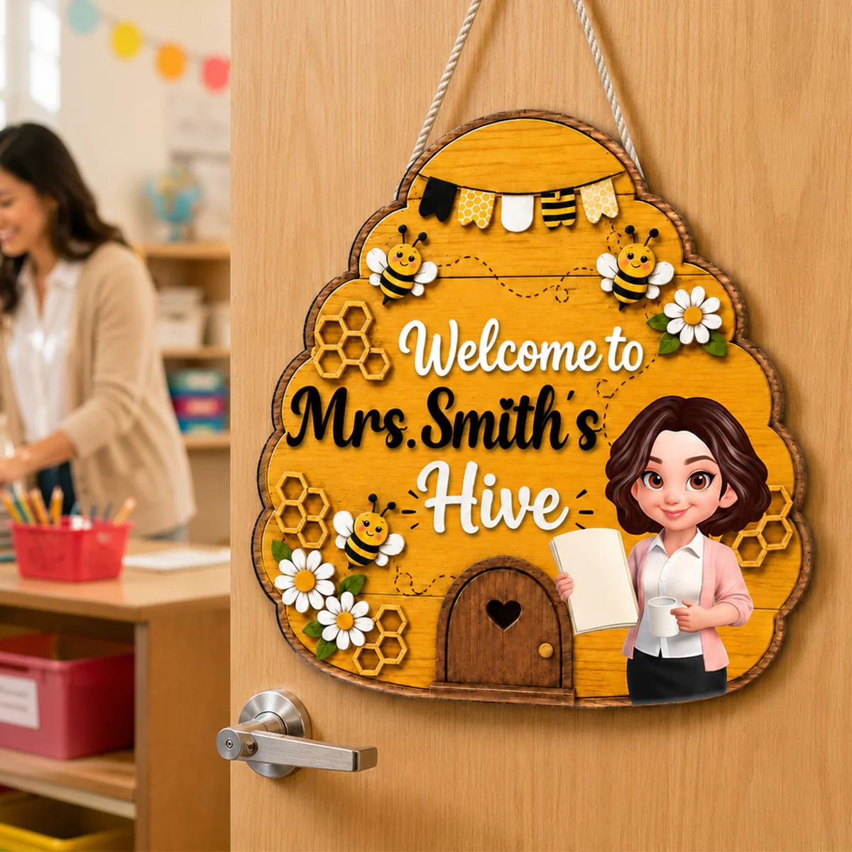 Welcome To Teacher Bee Hive - Personalized Door Hanger - Back To School Gift - Image 6
