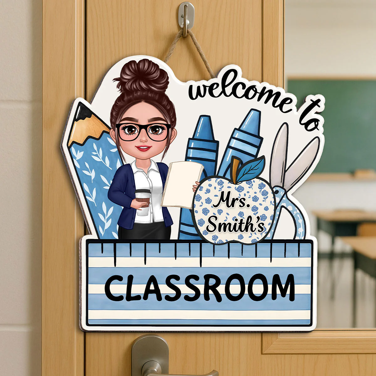 Welcome To Teacher Classroom Blue Floral Personalized Door Sign - Image 2