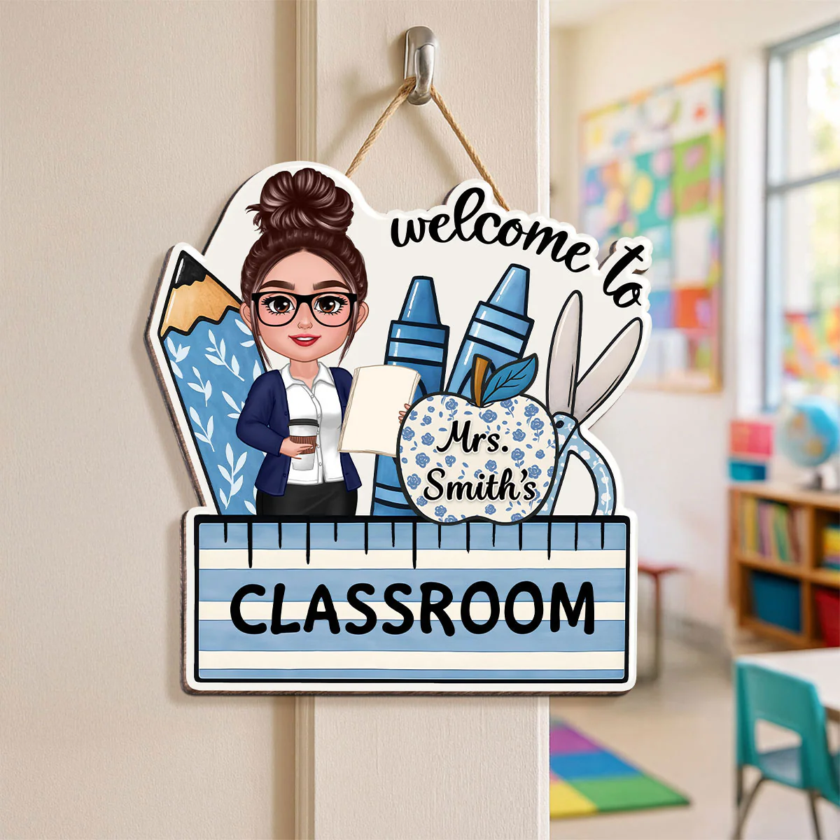 Welcome To Teacher Classroom Blue Floral Personalized Door Sign - Image 7
