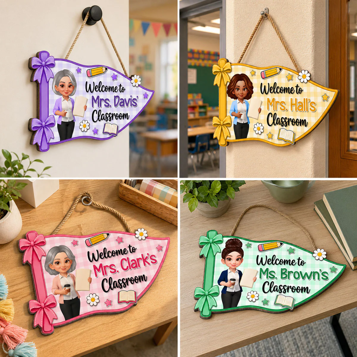 Welcome To Teacher Classroom Pennant Flag Shaped - Personalized Wood Sign - Image 6