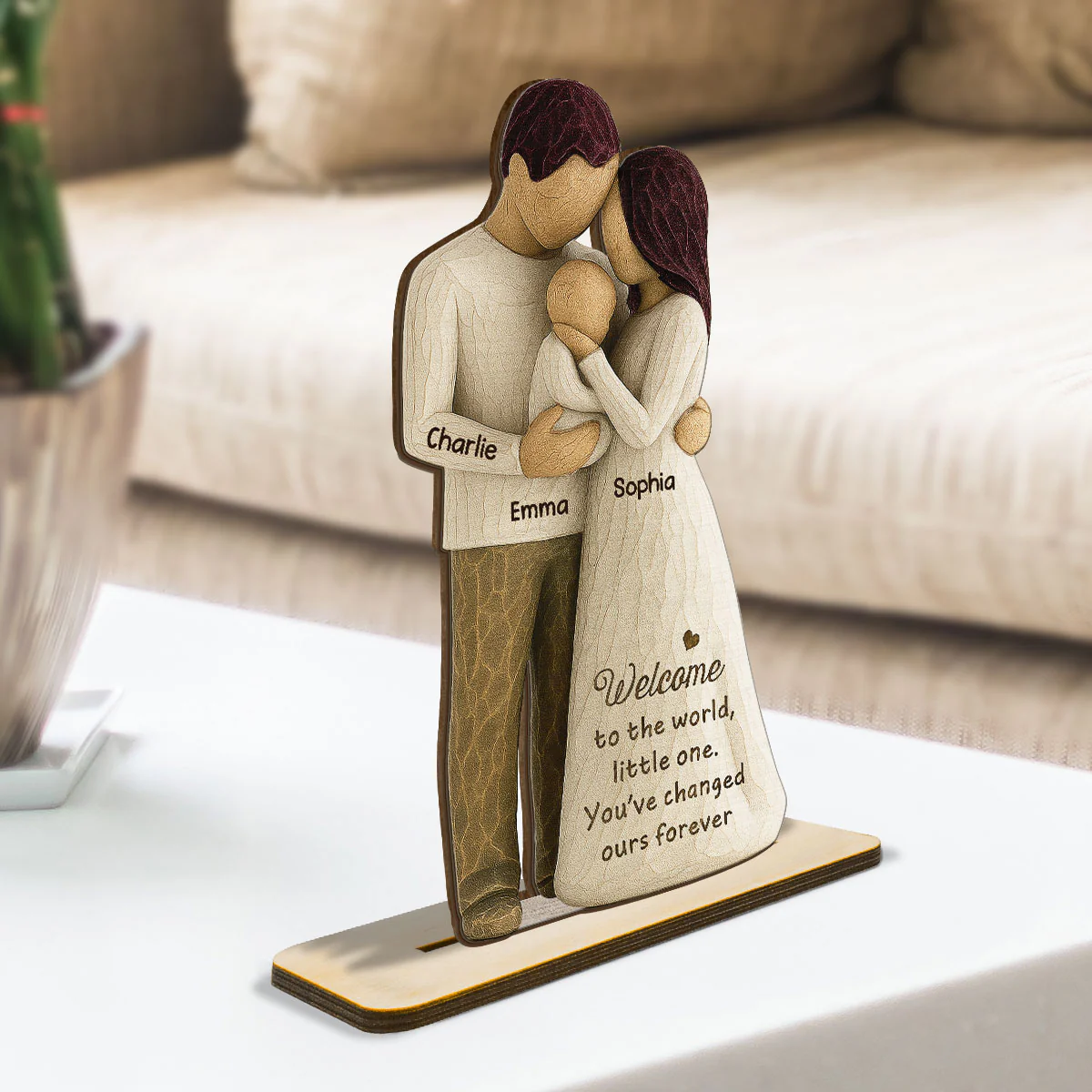 Welcome To The World First Time Parents Couple & Baby 3D Effect Personalized Standing Wooden Plaque, Gift For First Time Parents - Image 2