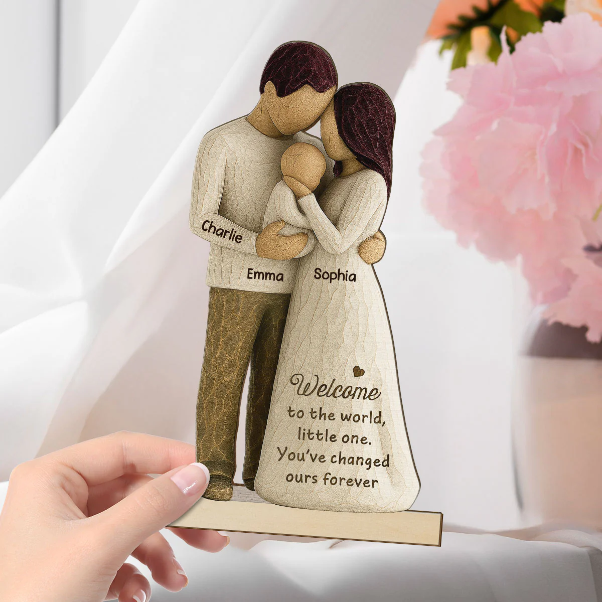 Welcome To The World First Time Parents Couple & Baby 3D Effect Personalized Standing Wooden Plaque, Gift For First Time Parents - Image 3