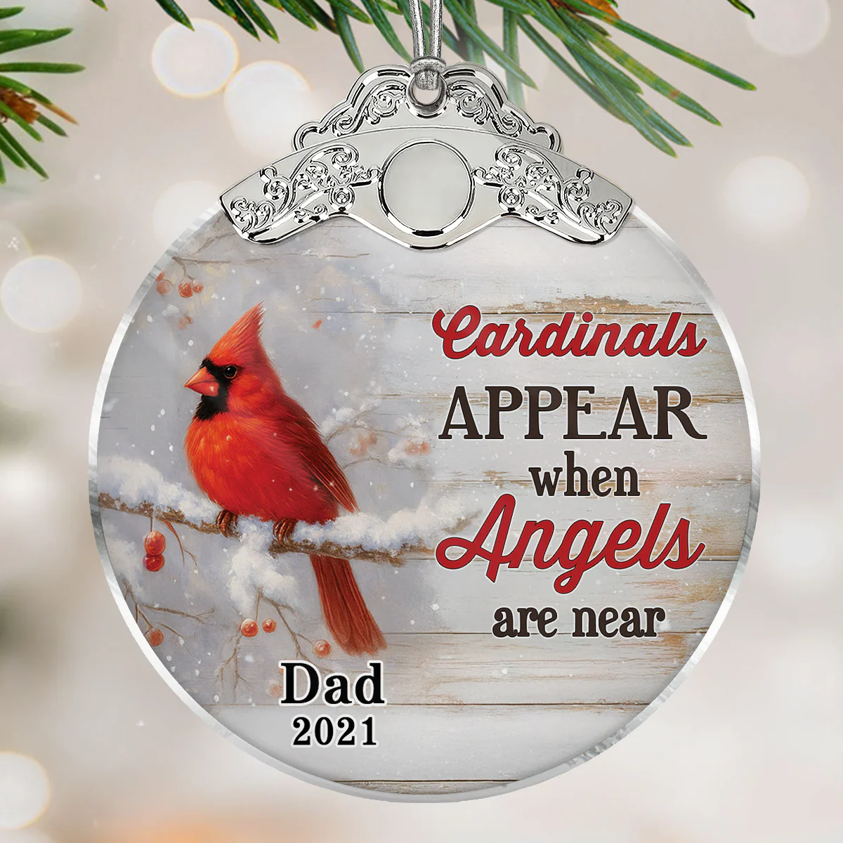 We're Always With You Cardinals In Snow - Personalized Glass Ornament With Silver Cap - Christmas Memorial Keepsake For Family - Image 2