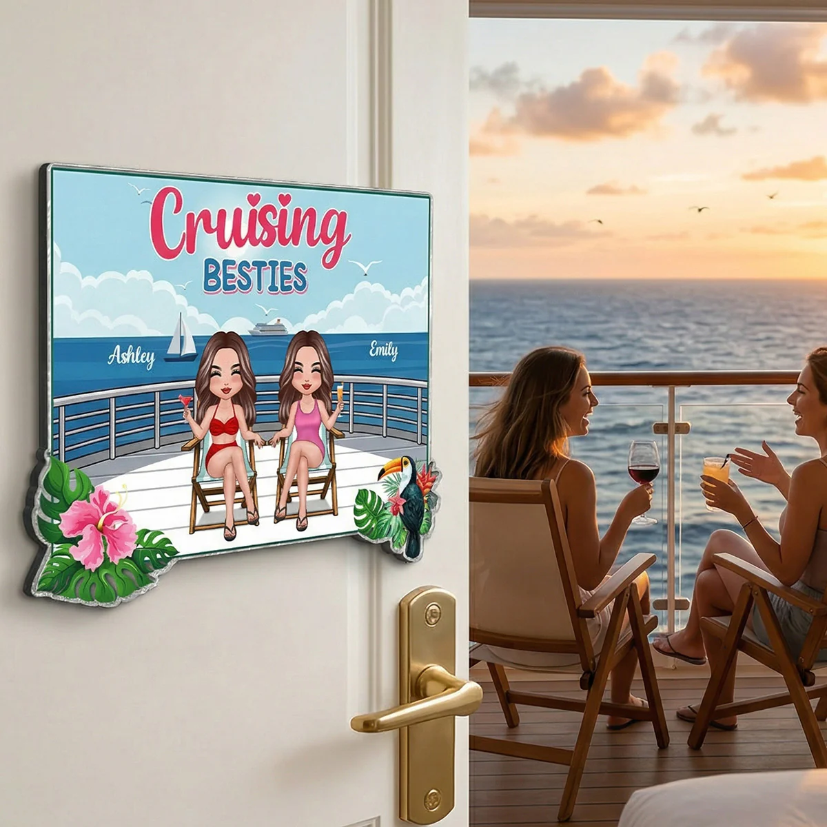 We're In Cruise Mode Besties Sitting Cruise Deck - Personalized Cruise Cabin Door Magnet - Image 3