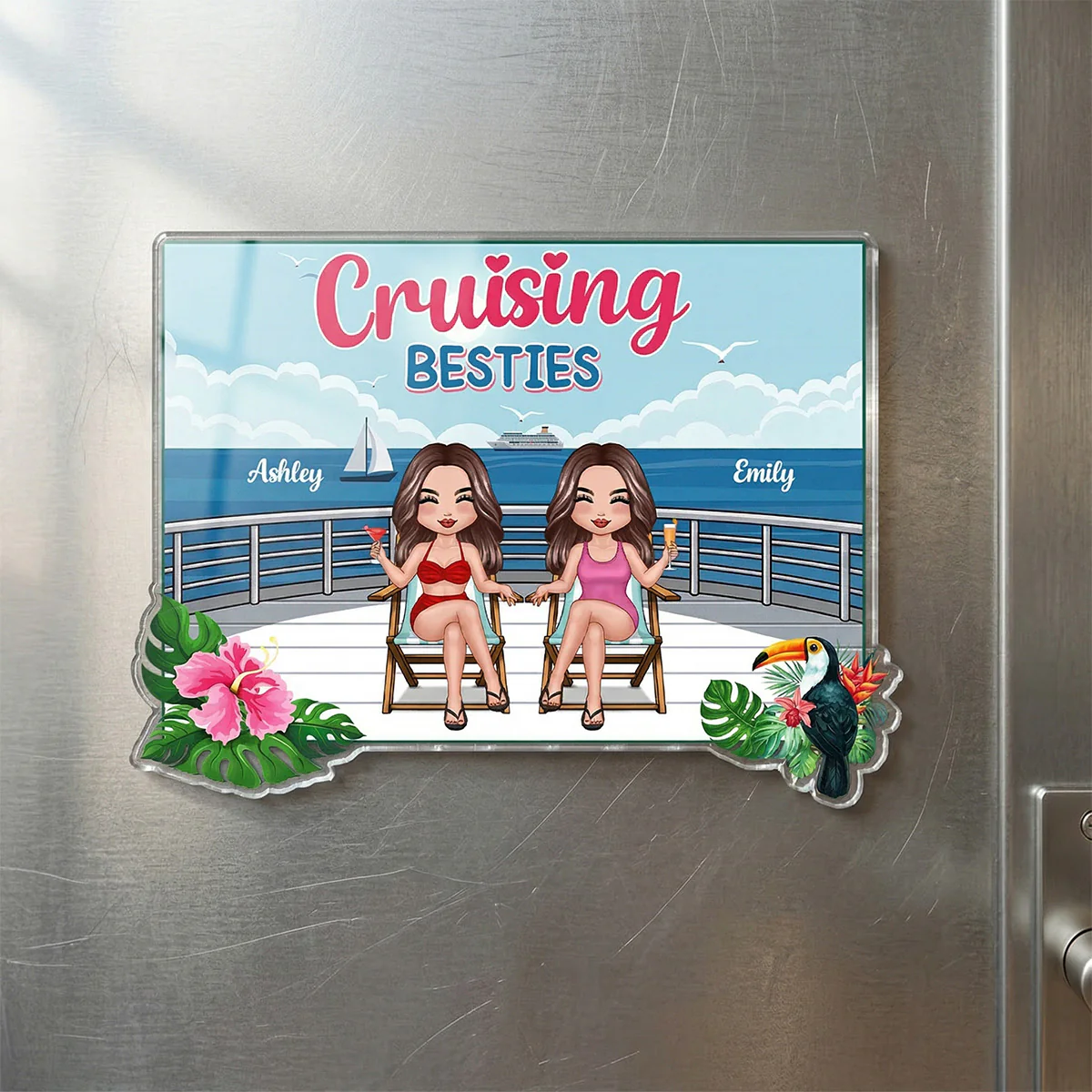 We're In Cruise Mode Besties Sitting Cruise Deck - Personalized Cruise Cabin Door Magnet - Image 4