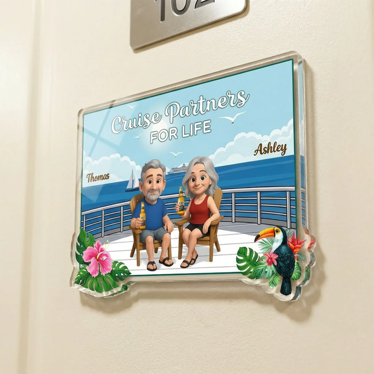We're In Cruise Mode Old Cartoon Couple Sitting Cruise Deck - Personalized Cruise Cabin Door Magnet - Image 2