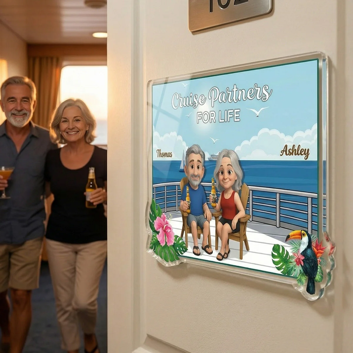 We're In Cruise Mode Old Cartoon Couple Sitting Cruise Deck - Personalized Cruise Cabin Door Magnet - Image 3