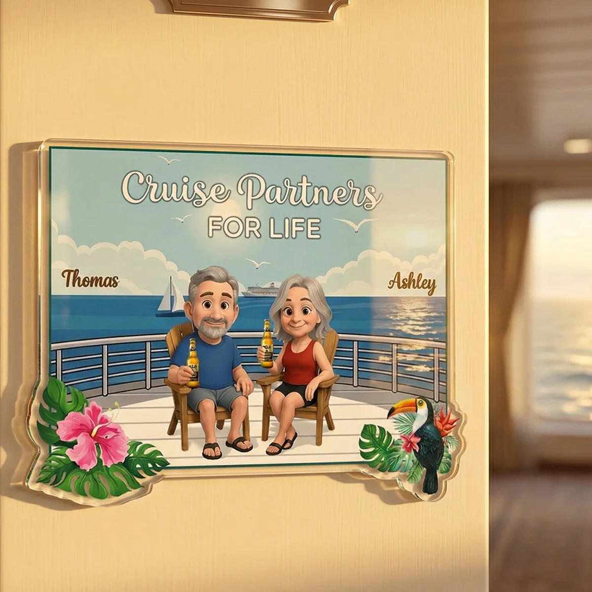 We're In Cruise Mode Old Cartoon Couple Sitting Cruise Deck - Personalized Cruise Cabin Door Magnet - Image 5