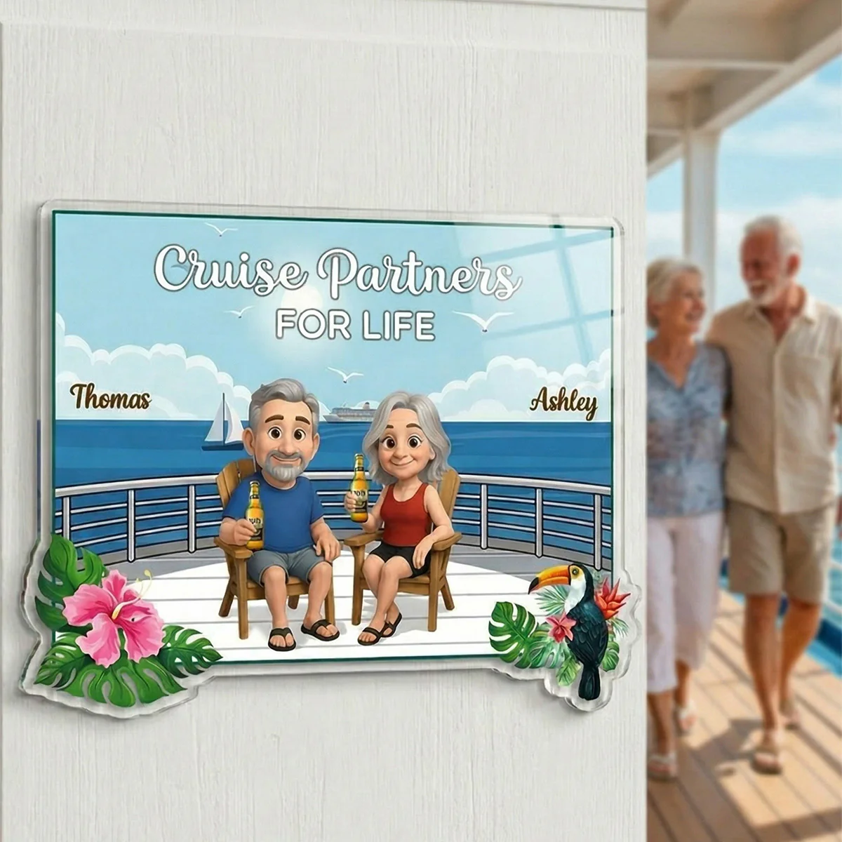 We're In Cruise Mode Old Cartoon Couple Sitting Cruise Deck - Personalized Cruise Cabin Door Magnet - Image 6