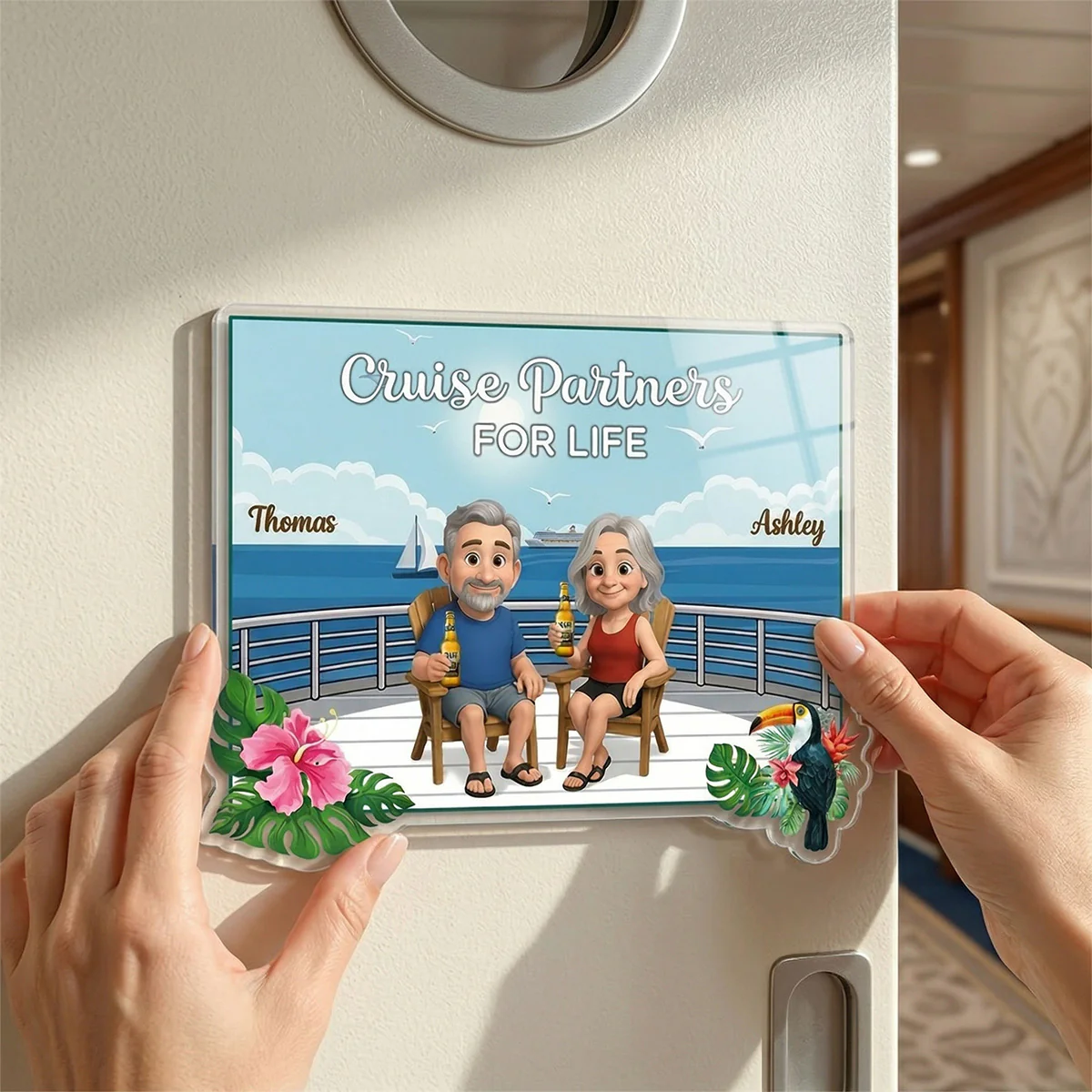We're In Cruise Mode Old Cartoon Couple Sitting Cruise Deck - Personalized Cruise Cabin Door Magnet - Image 7