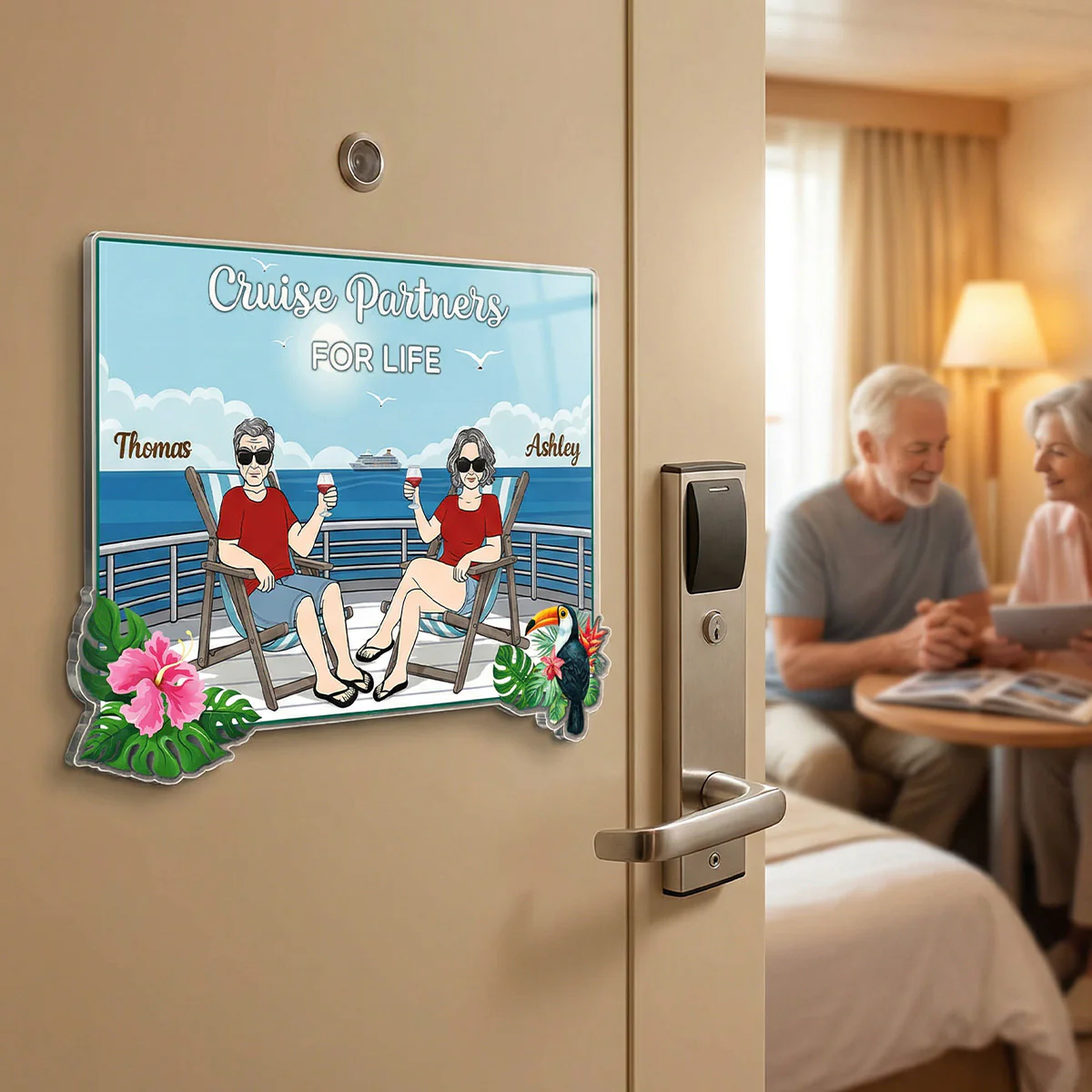 We're In Cruise Mode Old Couple Sitting Cruise Deck - Personalized Cruise Cabin Door Magnet - Image 3