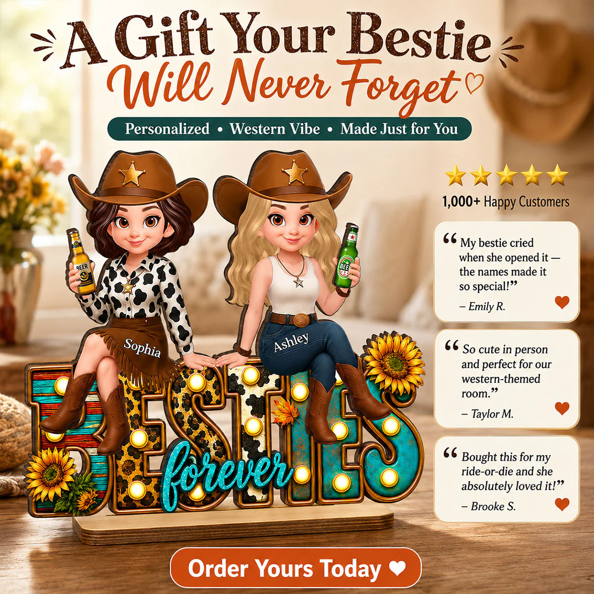 Western Besties Leopard Checkered - Personalized 2-Layered Wooden Plaque - Gift for Best Friends - Image 11