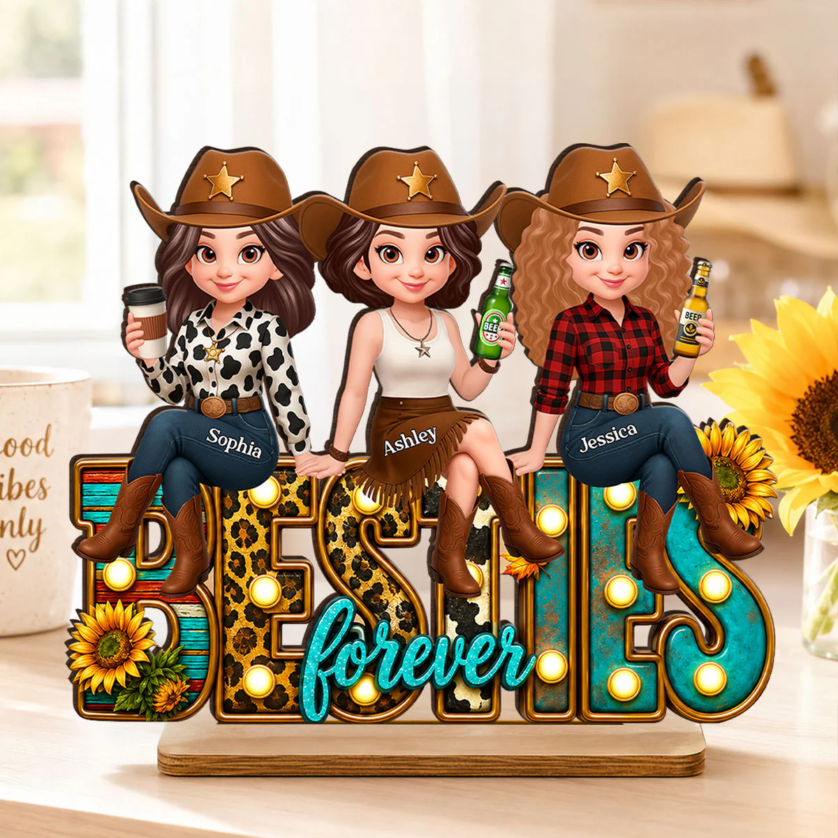 Western Besties Leopard Checkered - Personalized 2-Layered Wooden Plaque - Gift for Best Friends - Image 5