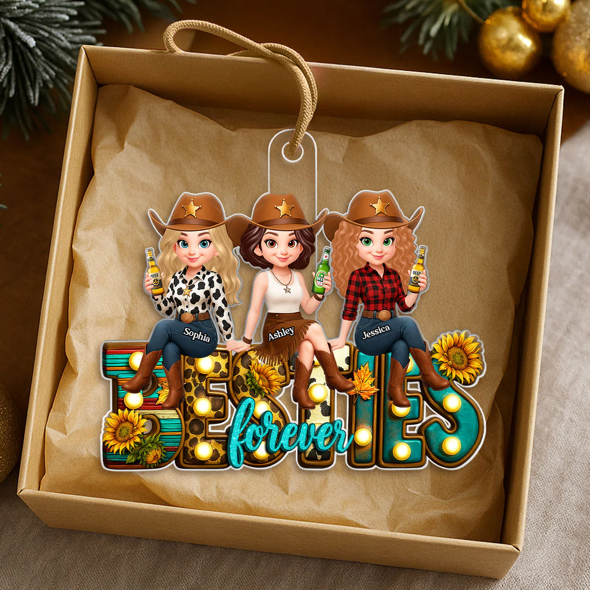 Western Besties Sitting Personalized Acrylic Ornament, Fall Gift for Best Friends - Image 6