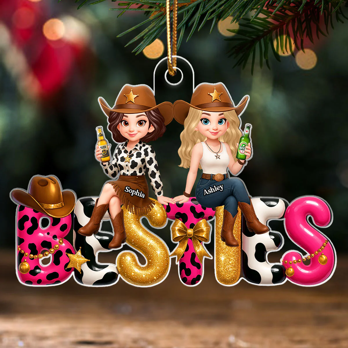 Western Besties Sitting under the Christmas Tree Personalized Acrylic Ornament - Gift for Best Friends - Image 4