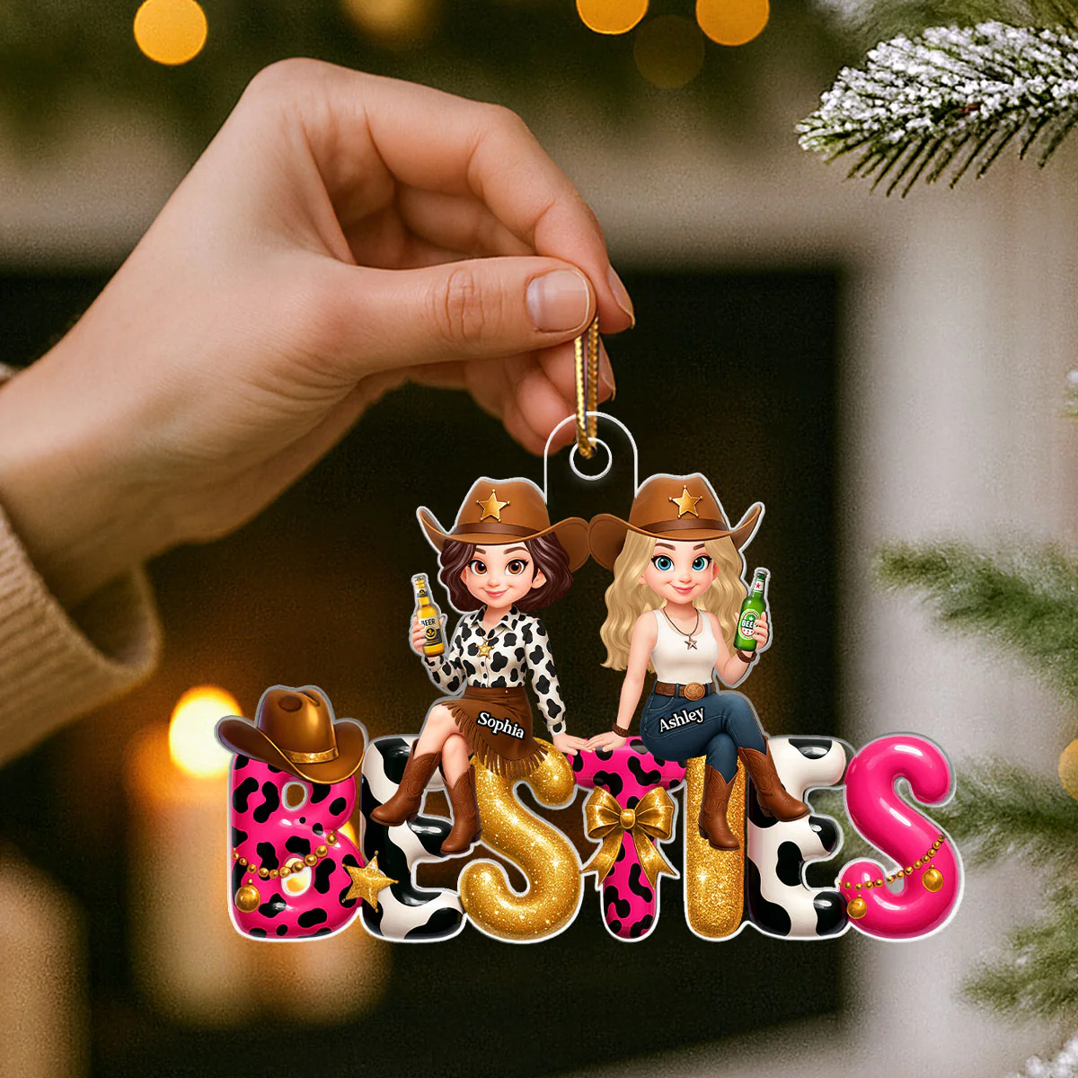 Western Besties Sitting under the Christmas Tree Personalized Acrylic Ornament - Gift for Best Friends - Image 7