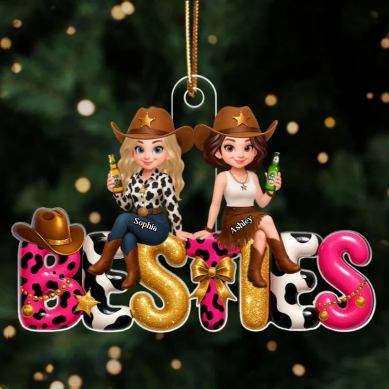Western Besties Sitting under the Christmas Tree Personalized Acrylic Ornament - Gift for Best Friends - Image 8