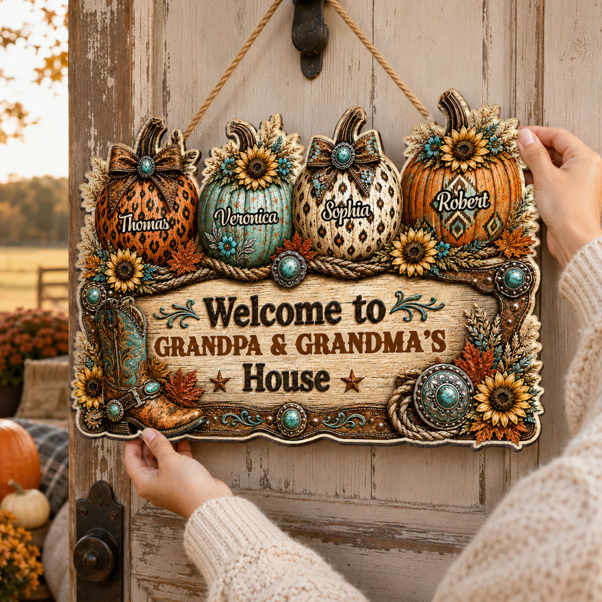 Western Fall Season Vibe Little Pumpkins Welcome To Grandma Grandpa House - Personalized Wood Sign - Fall Decoration For Grandparents - Image 4