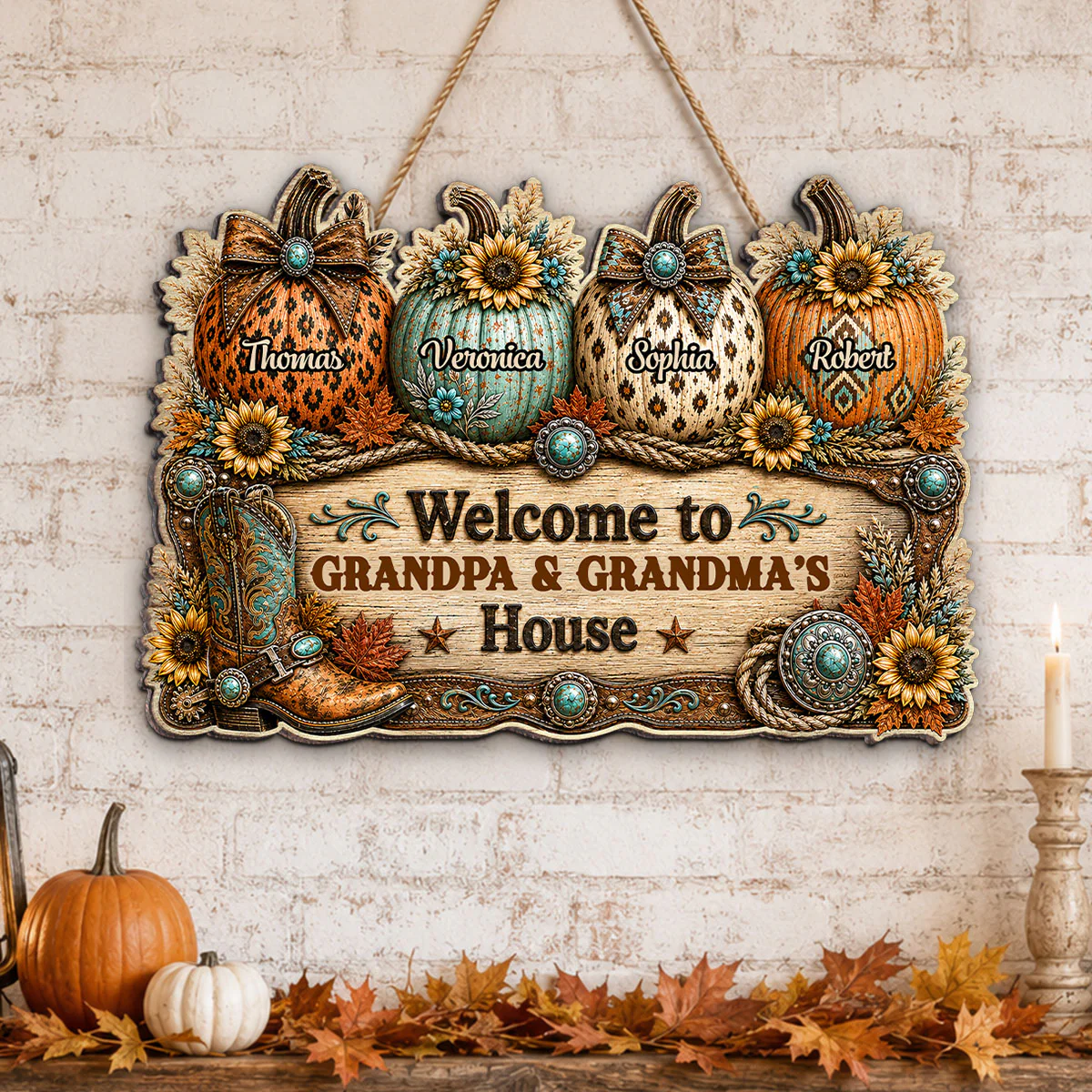 Western Fall Season Vibe Little Pumpkins Welcome To Grandma Grandpa House - Personalized Wood Sign - Fall Decoration For Grandparents - Image 7
