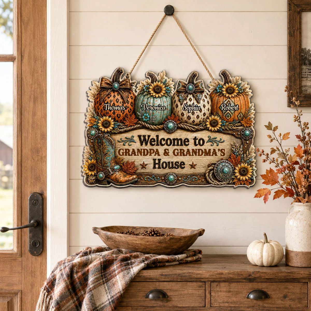 Western Fall Season Vibe Little Pumpkins Welcome To Grandma Grandpa House - Personalized Wood Sign - Fall Decoration For Grandparents - Image 8