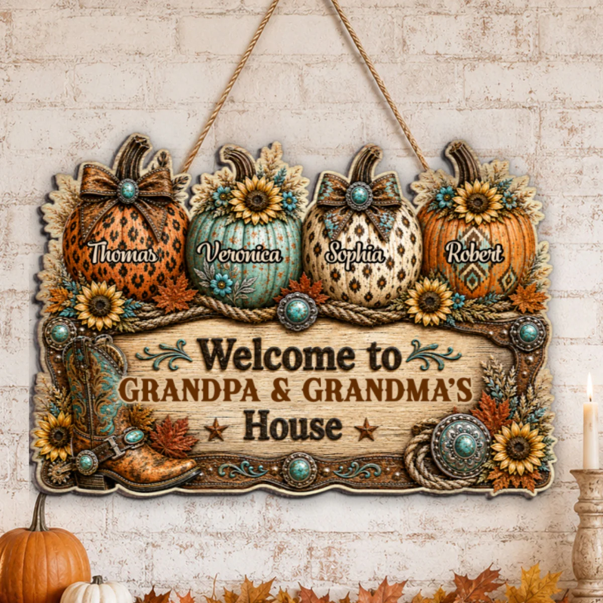 Western Fall Season Vibe Little Pumpkins Welcome To Grandma Grandpa House - Personalized Wood Sign - Fall Decoration For Grandparents - Image 9