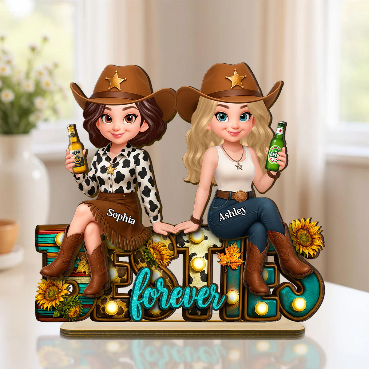 Western Fall Vibe Besties Personalized Standing Wooden Plaque, Fall Gift for Best Friends - Image 2