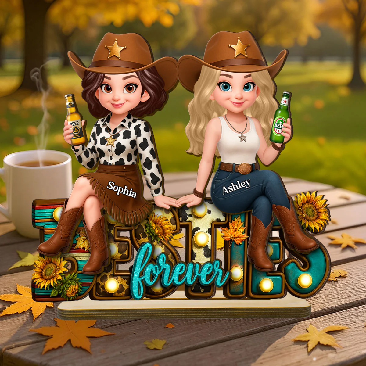 Western Fall Vibe Besties Personalized Standing Wooden Plaque, Fall Gift for Best Friends - Image 3