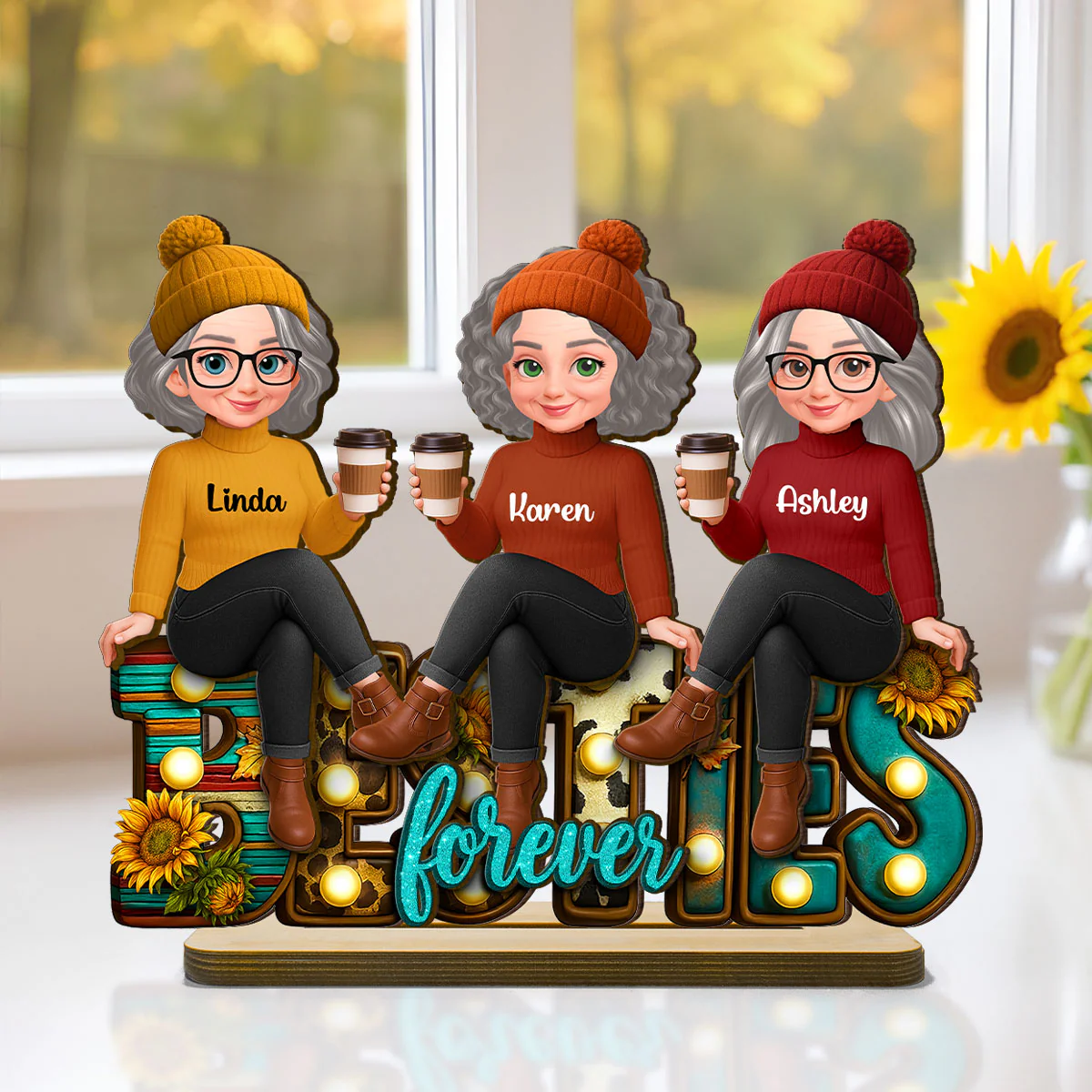 Western Fall Vibe Besties Sitting Personalized Standing Wooden Plaque, Fall Gift for Best Friends - Image 5