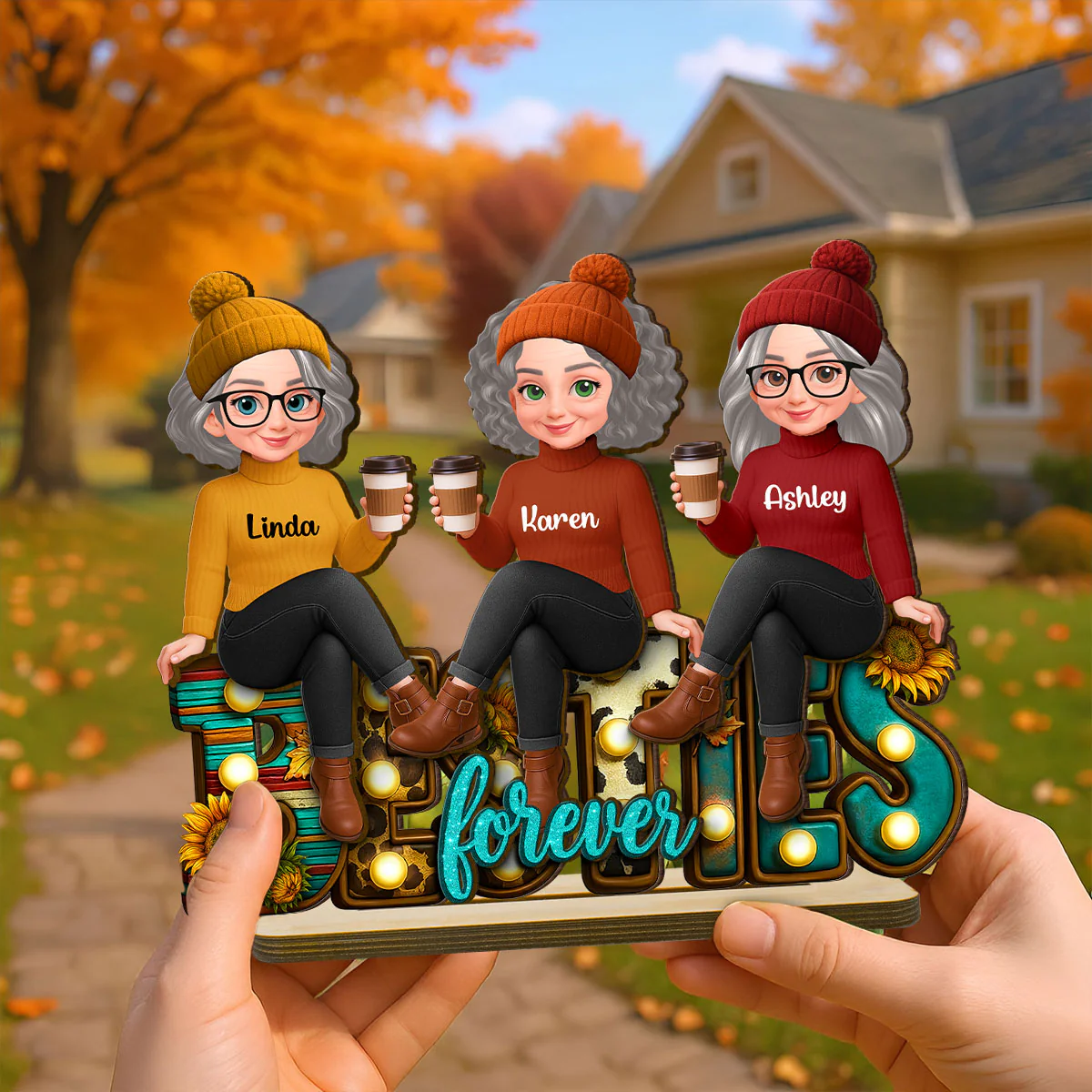 Western Fall Vibe Besties Sitting Personalized Standing Wooden Plaque, Fall Gift for Best Friends - Image 6