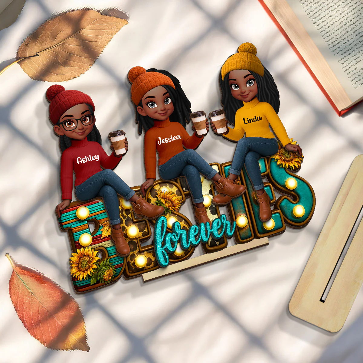 Western Fall Vibe Besties Sitting Personalized Standing Wooden Plaque, Fall Gift for Best Friends - Image 5