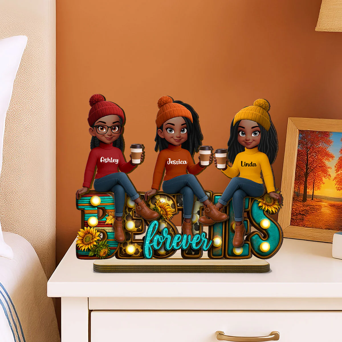 Western Fall Vibe Besties Sitting Personalized Standing Wooden Plaque, Fall Gift for Best Friends - Image 6