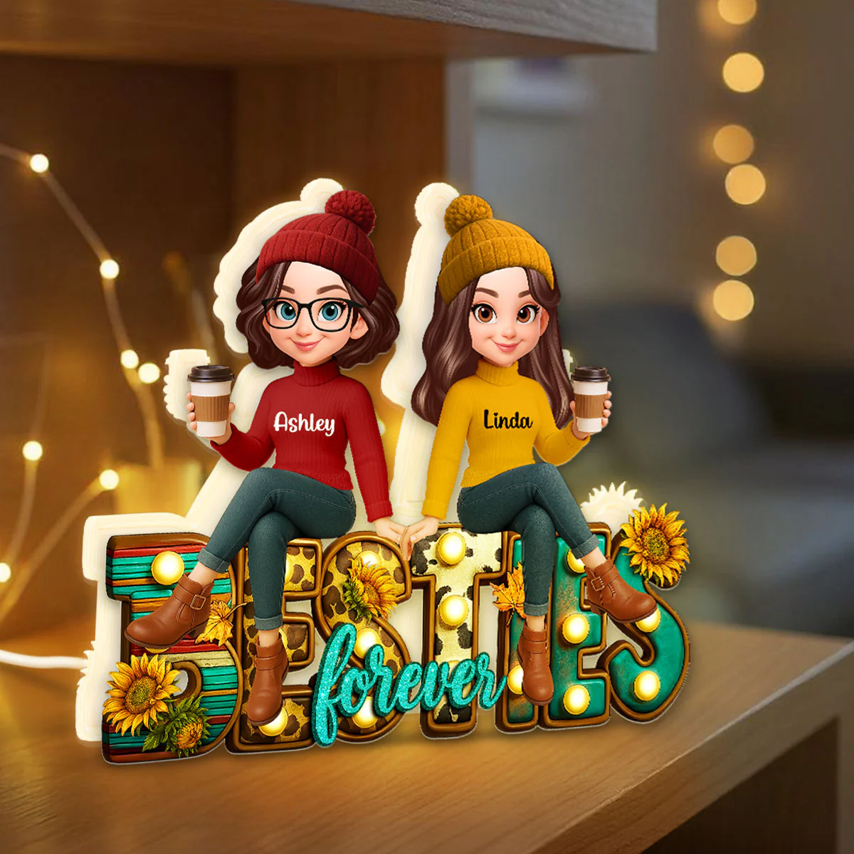 Western Fall Vibe Besties Sitting Personalized Light Box, Fall Gift for Best Friends - Image 2