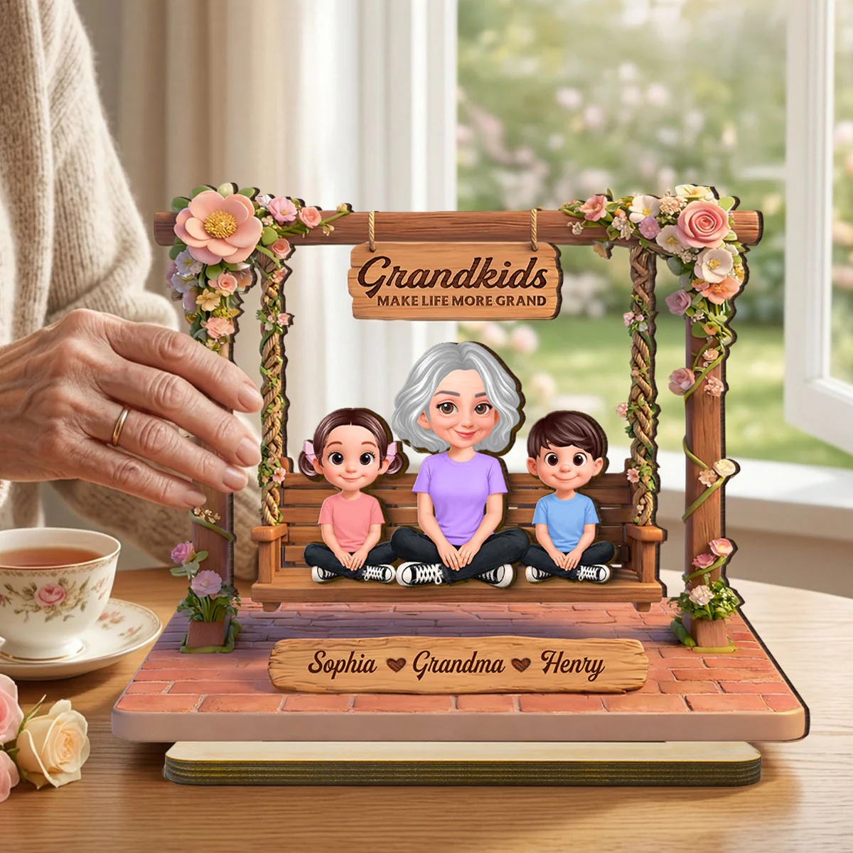 Where Love Gently Swings Grandma Grandkids - Personalized 2-Layered Wooden Plaque - Gift For Grandma - Image 3