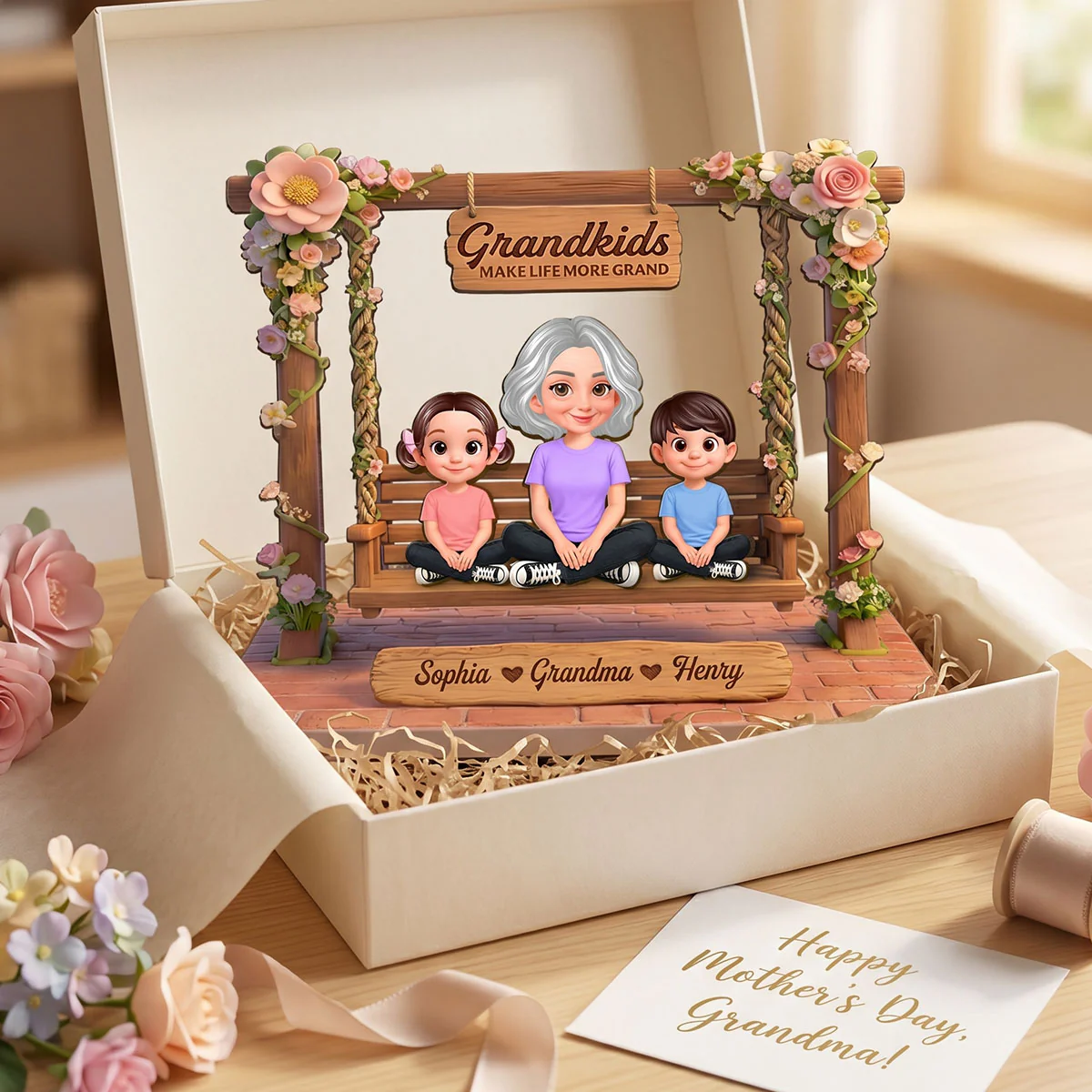 Where Love Gently Swings Grandma Grandkids - Personalized 2-Layered Wooden Plaque - Gift For Grandma - Image 4