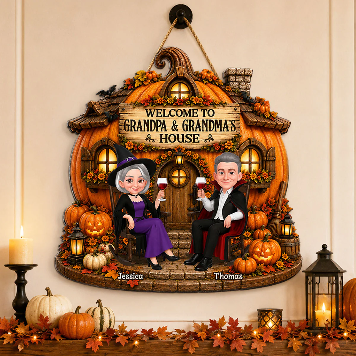 Whimsical Halloween Pumpkin Welcome To Grandma Grandpa House - Personalized Wood Sign - Halloween Decoration For Grandparents - Image 6