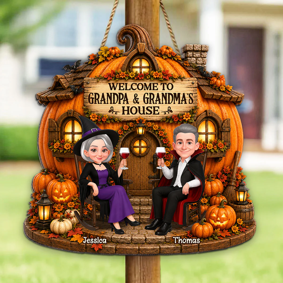 Whimsical Halloween Pumpkin Welcome To Grandma Grandpa House - Personalized Wood Sign - Halloween Decoration For Grandparents - Image 8