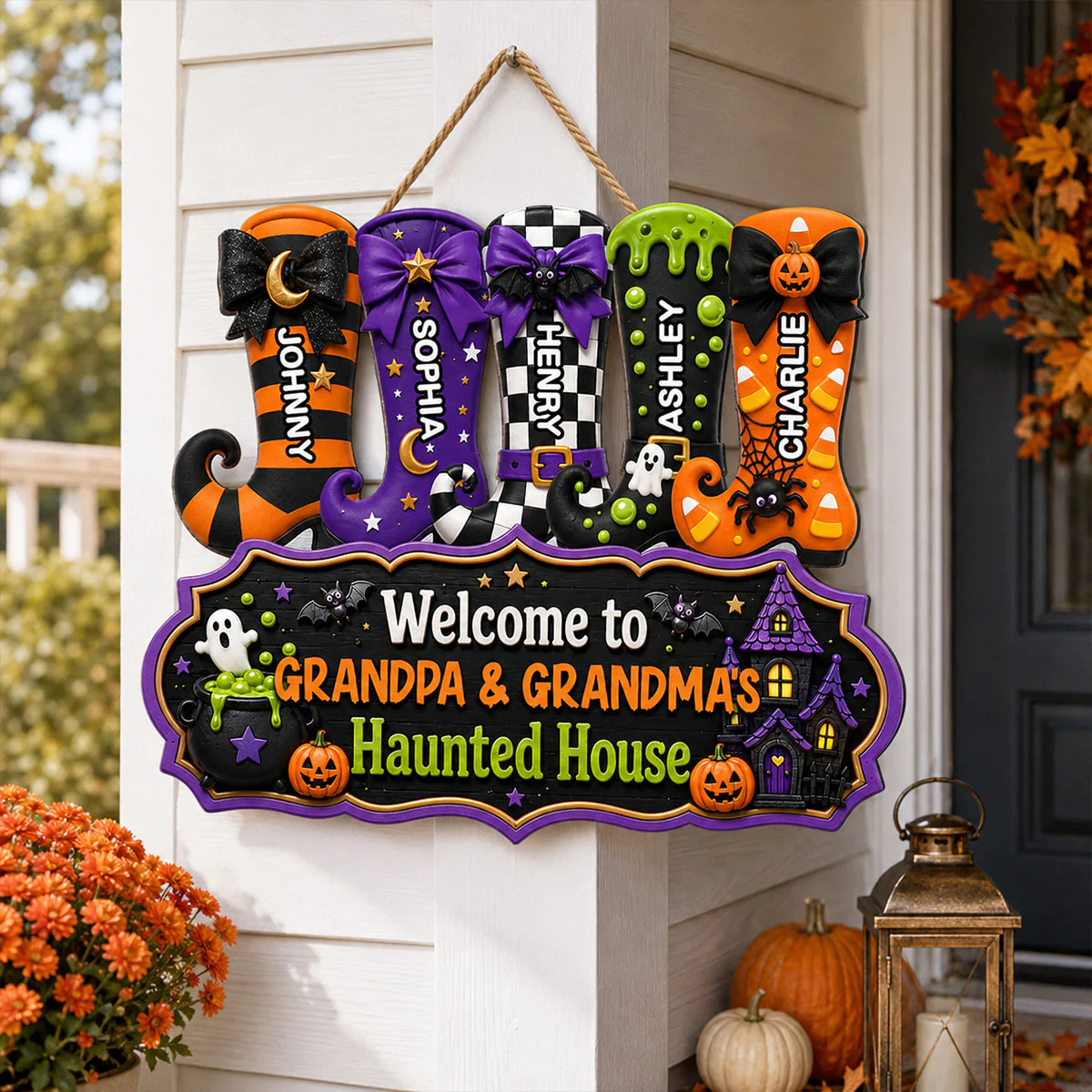 Whimsical Halloween Welcome To Grandma Grandpa Haunted House Witch Boots - Personalized Wood Sign - Halloween Decoration For Grandparents - Image 3