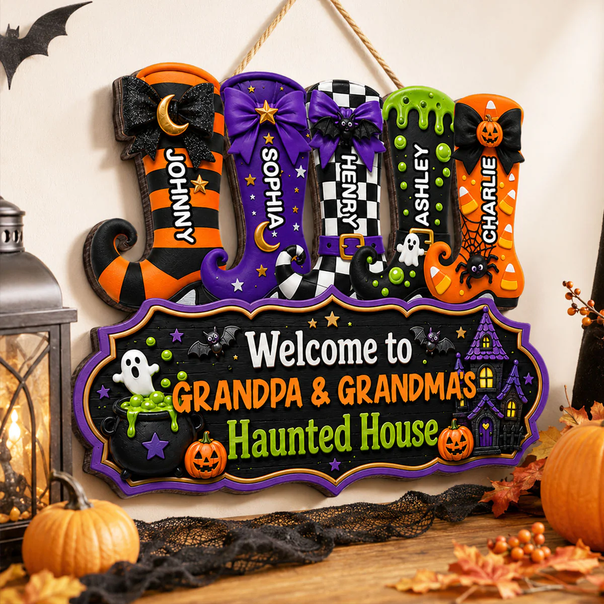Whimsical Halloween Welcome To Grandma Grandpa Haunted House Witch Boots - Personalized Wood Sign - Halloween Decoration For Grandparents - Image 4