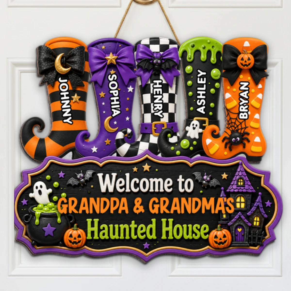 Whimsical Halloween Welcome To Grandma Grandpa Haunted House Witch Boots - Personalized Wood Sign - Halloween Decoration For Grandparents - Image 7