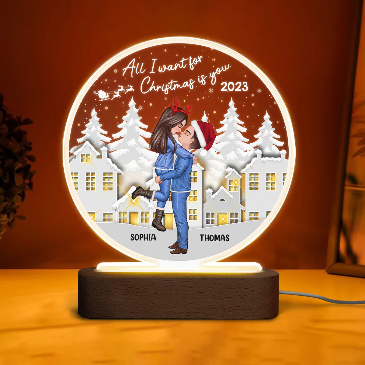 White Christmas Hugging Kissing Couple Personalized Circle LED Night Light - Image 3