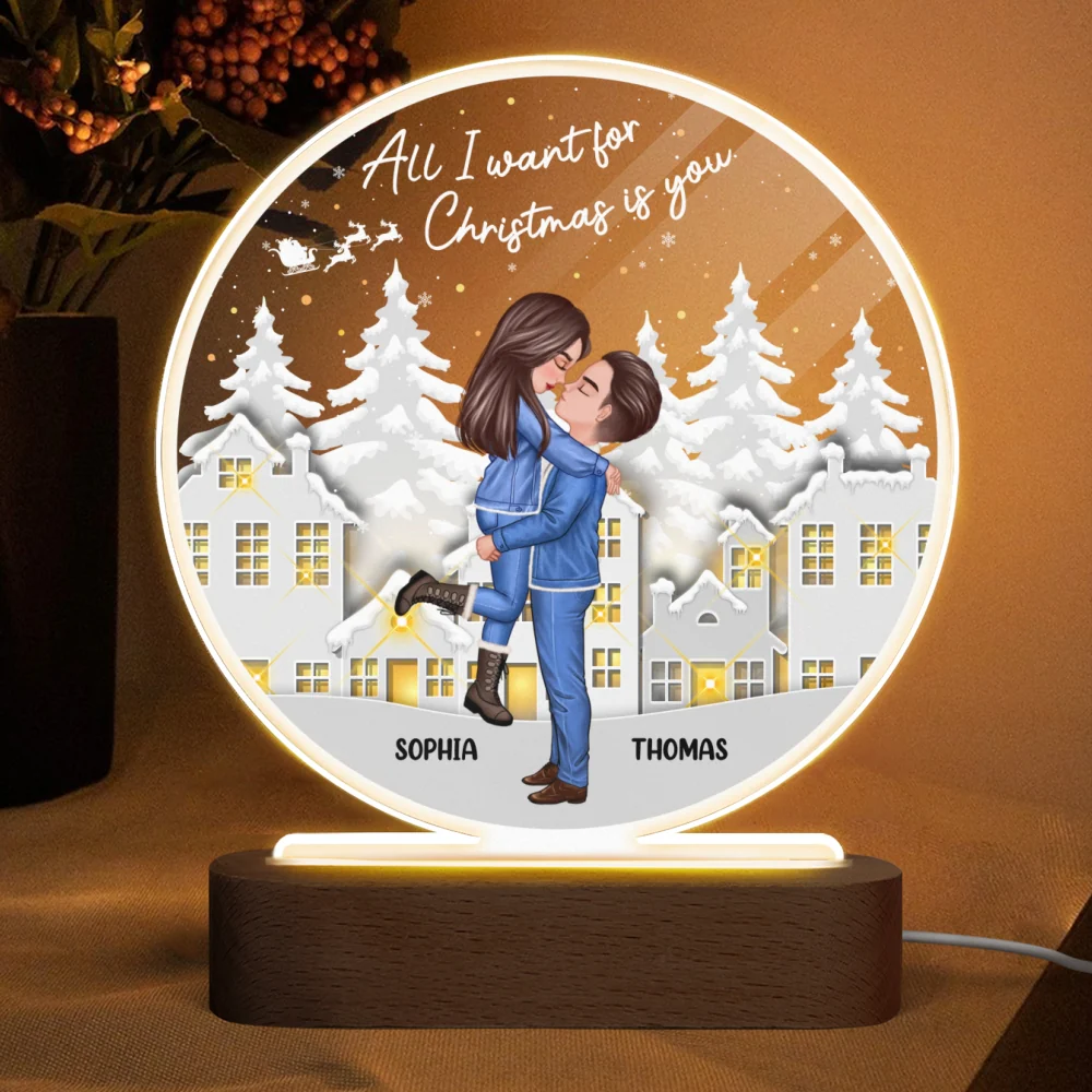 White Christmas Hugging Kissing Couple Personalized Circle LED Night Light - Image 4
