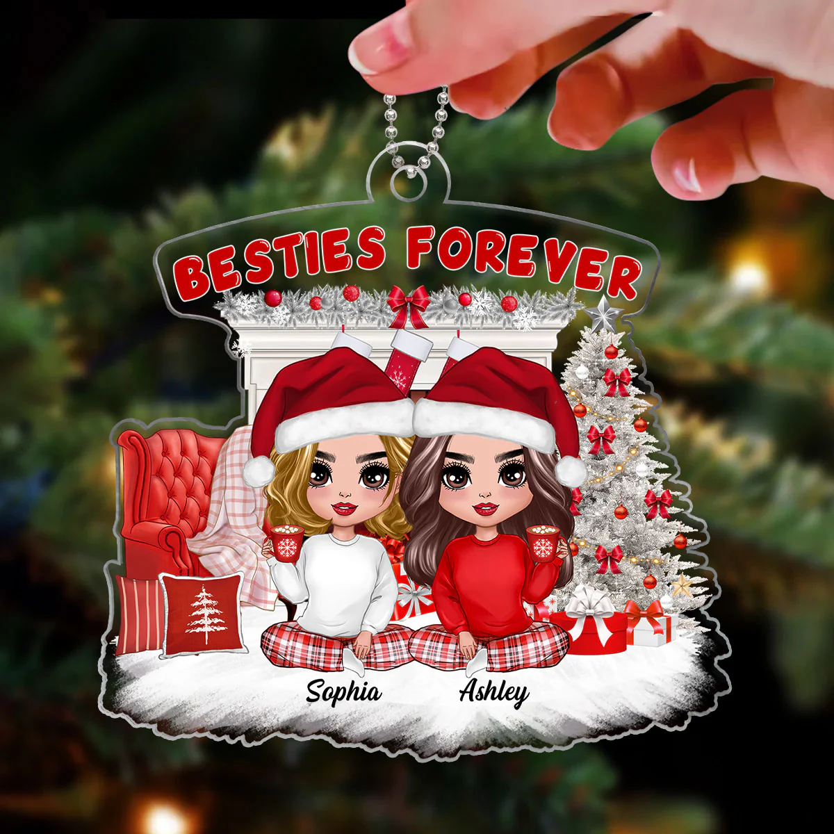 White Christmas Pajamas Doll Besties Sisters Sitting Personalized Acrylic Ornament - Image 3