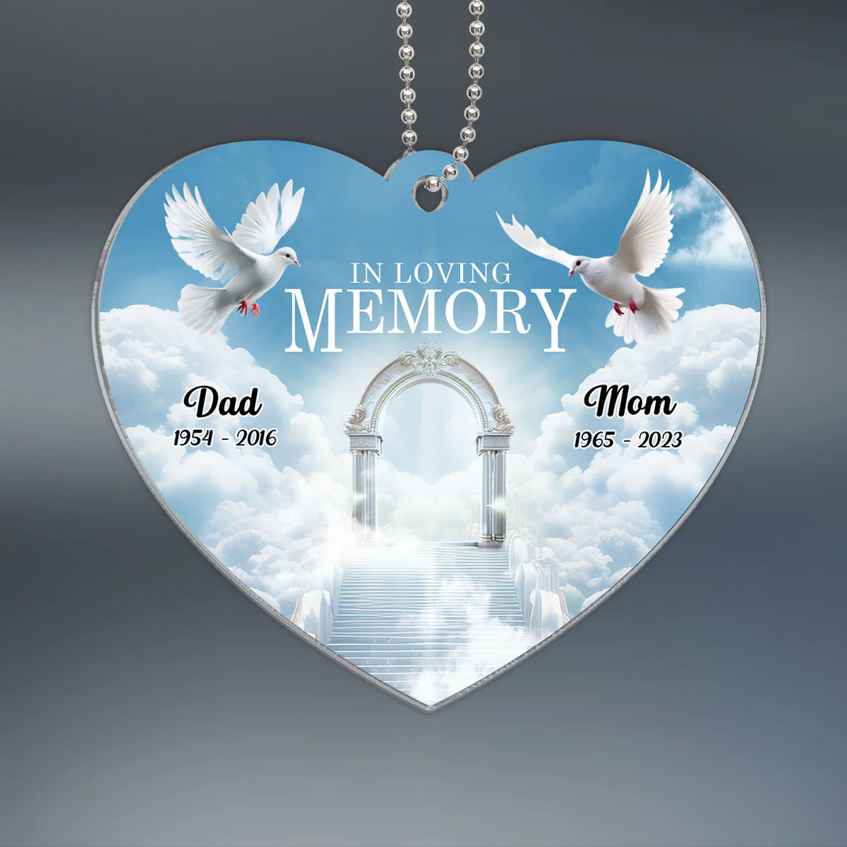 White Doves In Loving Memory Personalized Heart Shaped Acrylic Ornament - Image 2