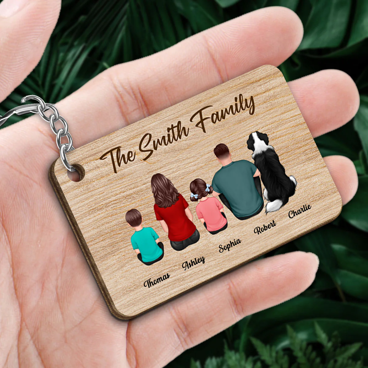 Whole Back View Family Couple Dad Mom Kids Dogs Cats Personalized Wooden Keychain - Image 2
