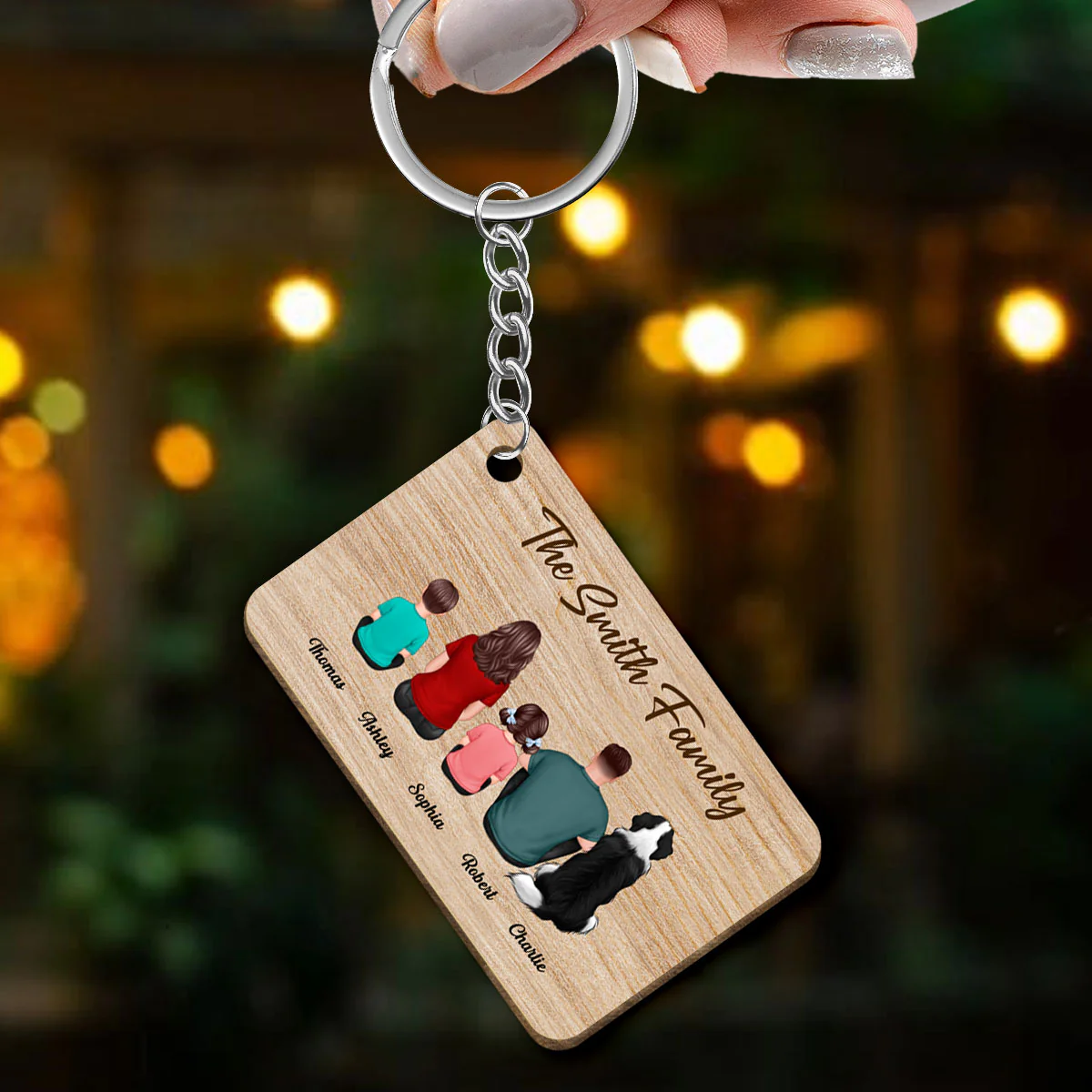 Whole Back View Family Couple Dad Mom Kids Dogs Cats Personalized Wooden Keychain - Image 3