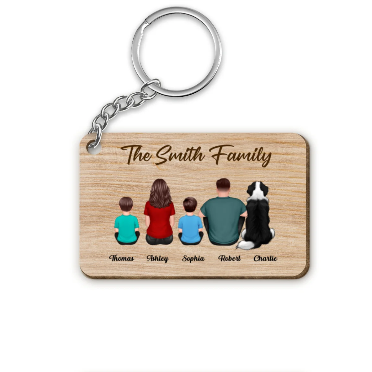 Whole Back View Family Couple Dad Mom Kids Dogs Cats Personalized Wooden Keychain - Image 4