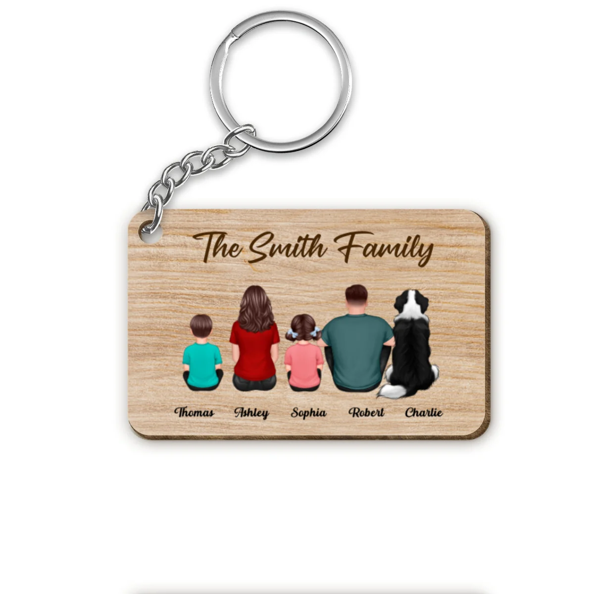 Whole Back View Family Couple Dad Mom Kids Dogs Cats Personalized Wooden Keychain - Image 4