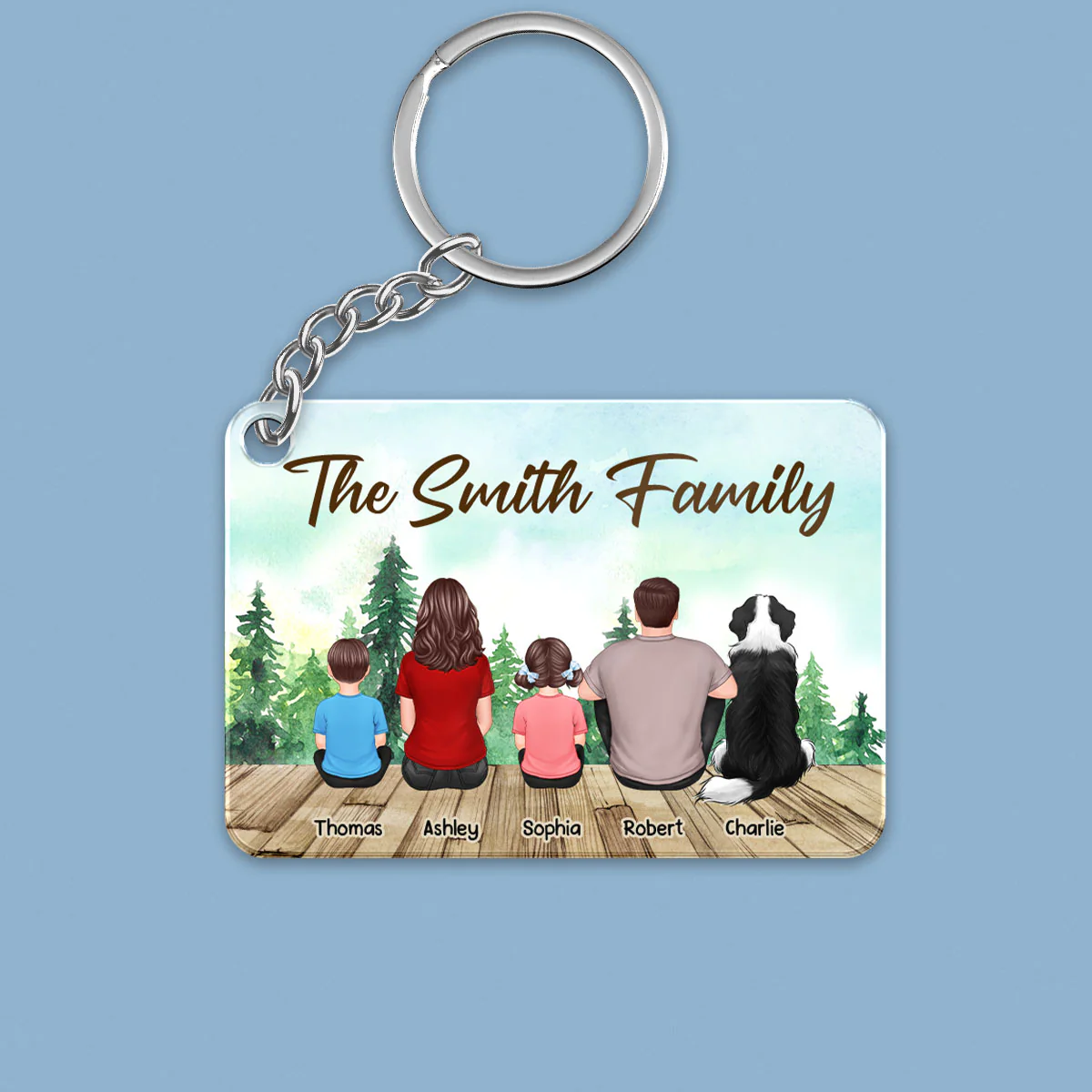 Whole Back View Family Couple Dad Mom Kids Dogs Cats Sitting Forest Personalized Acrylic Keychain - Image 2