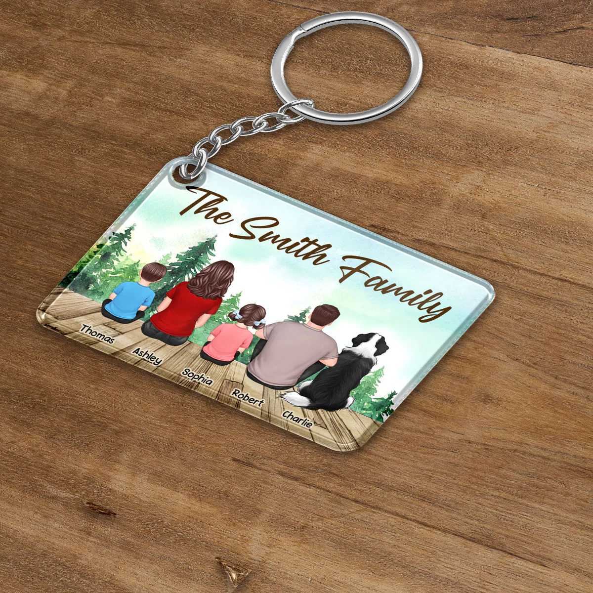 Whole Back View Family Couple Dad Mom Kids Dogs Cats Sitting Forest Personalized Acrylic Keychain - Image 3