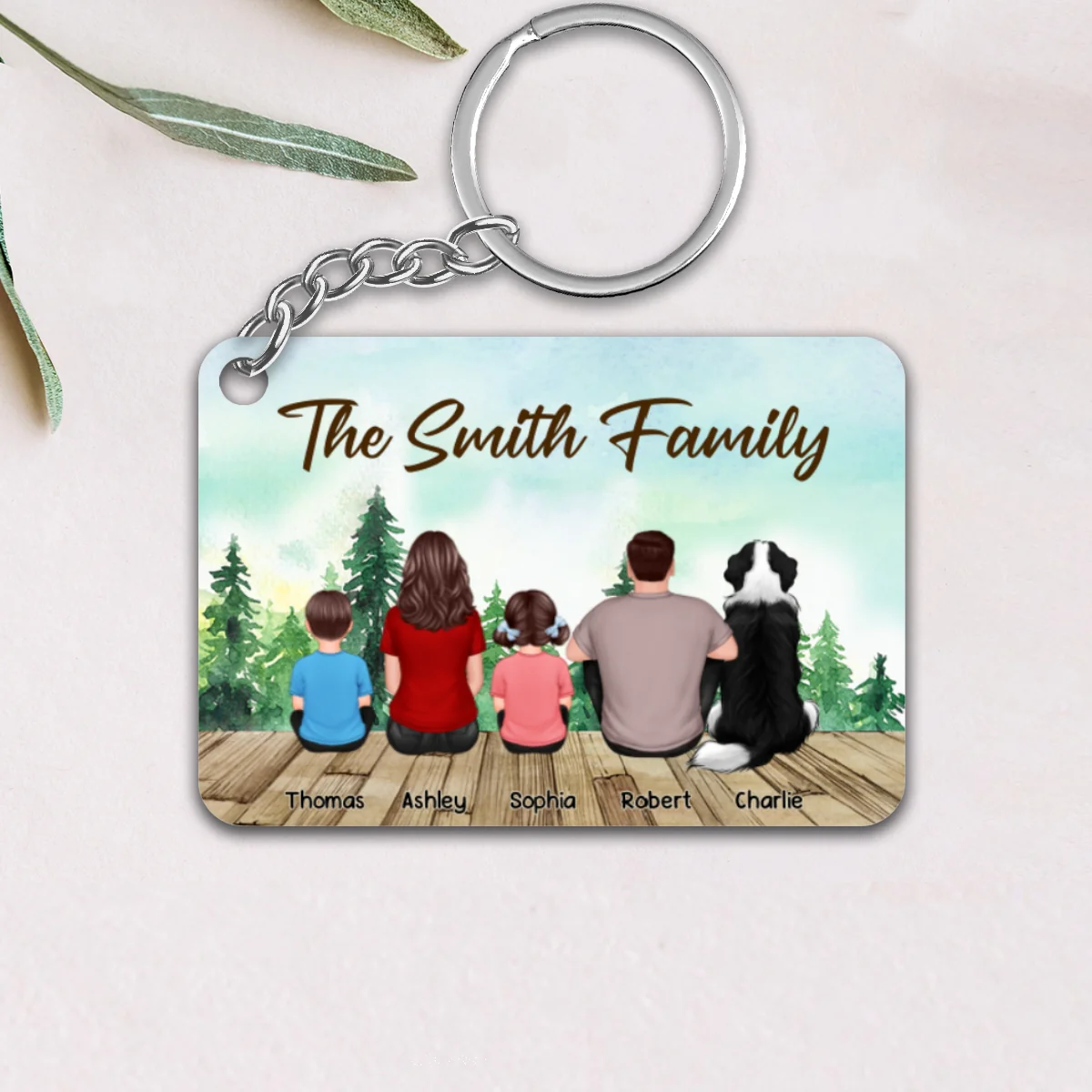 Whole Back View Family Couple Dad Mom Kids Dogs Cats Sitting Forest Personalized Acrylic Keychain - Image 4